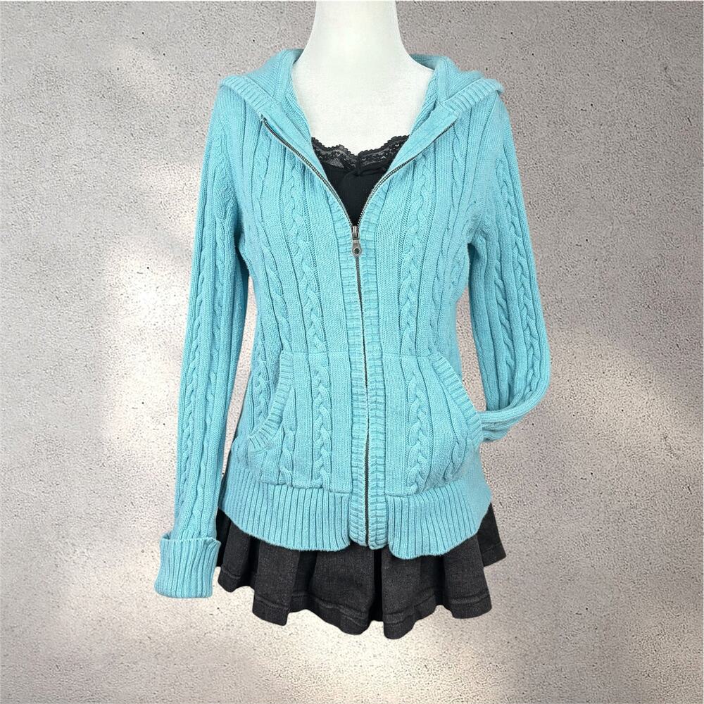 Y2K Sonoma Cable Knit Zip Hoodie Women’s XL Blue Cotton Cozy Downtown Bella Swan